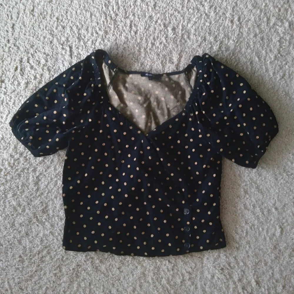Madewell Black Corduroy Velvet Puff Sleeve Wrap Top with Orange Polka Dots XS